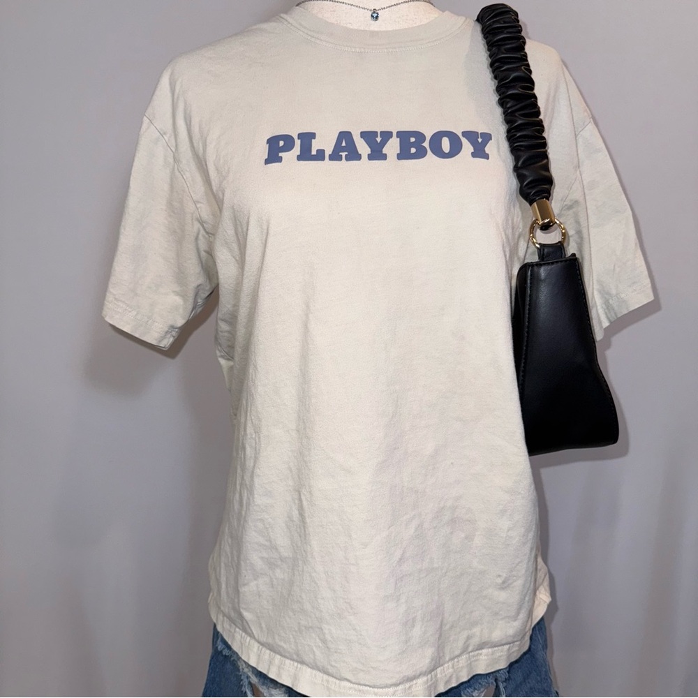Playboy Cream T-Shirt with playboy logo on front and small Playboy icon on back